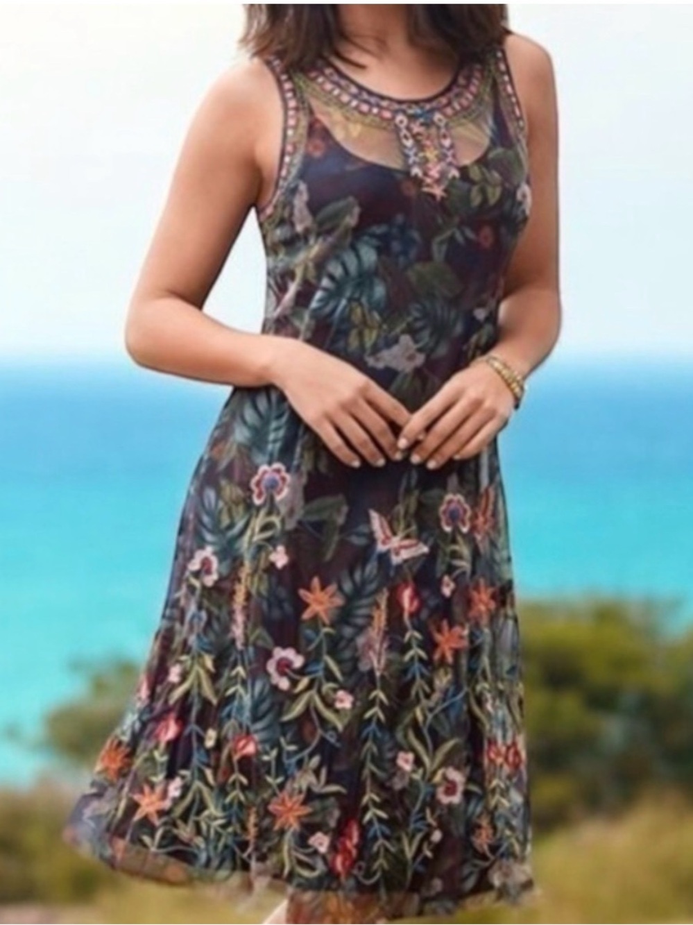 Johnny Was Biya Omphilia Mesh Butterfly and Floral Embroidered Dress With Slip L